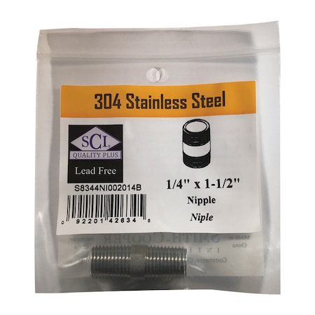 Smith-Cooper Smith-Cooper 1/4 in. MPT Stainless Steel 1-1/2 in. L Nipple S8344NI002014B